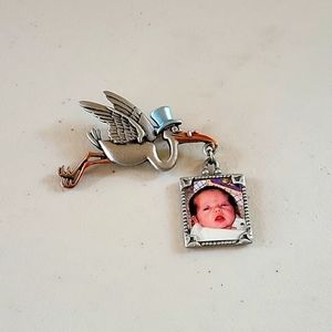 J.J. Pewter Stork Brooch Pin with Photo Frame